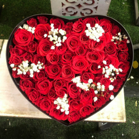 Red roses in a heart box